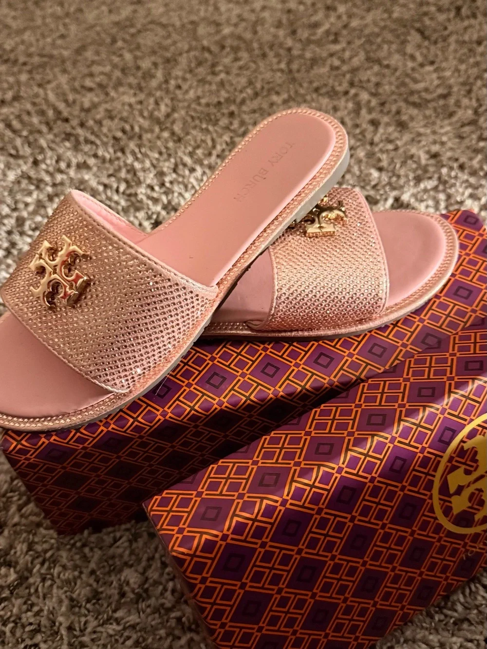 Tory Burch Metallic Rose Gold Logo Slide Sandals
